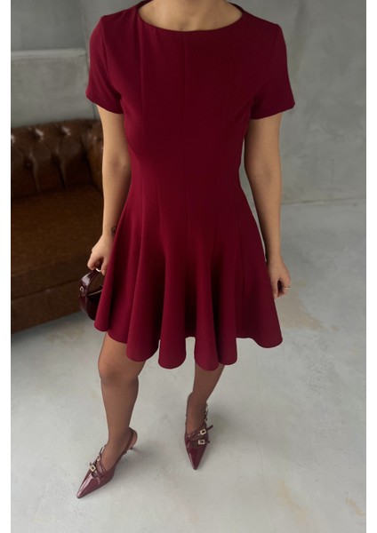 Bordo Coco Volanlı Kısa Elbise