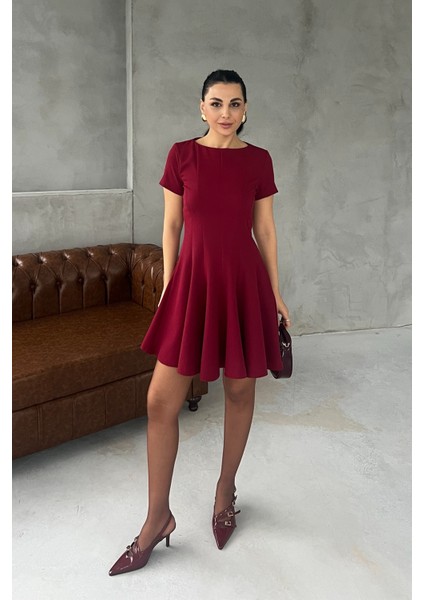 Bordo Coco Volanlı Kısa Elbise