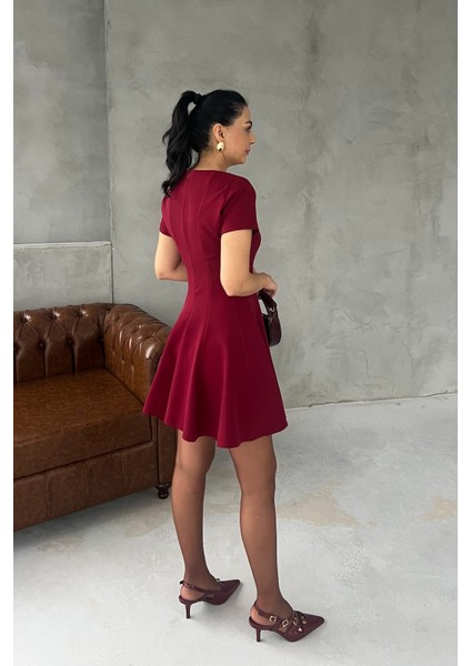 Bordo Coco Volanlı Kısa Elbise