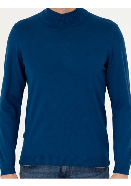 Erkek İndigo Slim Fit Yarım Balıkçı Yaka Yün Karışımlı Basic Triko Kazak 50270055-VR106