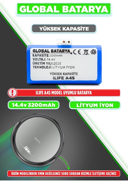 Ilıfe A4S Uyumlu Akıllı Robot Süpürge Bataryası 14.4V 3200MAH Li-Ion Pil (Yüksek Kapasite)