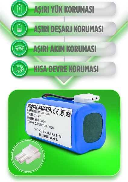Ilıfe A4S Uyumlu Akıllı Robot Süpürge Bataryası 14.4V 3200MAH Li-Ion Pil (Yüksek Kapasite)