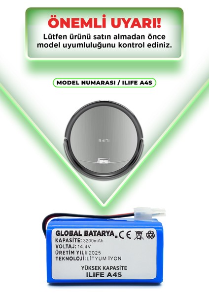 Ilıfe A4S Uyumlu Akıllı Robot Süpürge Bataryası 14.4V 3200MAH Li-Ion Pil (Yüksek Kapasite)