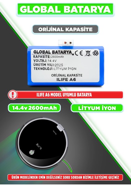 Ilıfe A6 Uyumlu Akıllı Robot Süpürge Bataryası 14.4V 2600MAH Li-Ion Pil (Orijinal Kapasite)