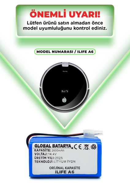 Ilıfe A6 Uyumlu Akıllı Robot Süpürge Bataryası 14.4V 2600MAH Li-Ion Pil (Orijinal Kapasite)
