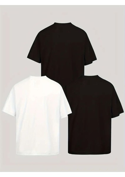 3 Lü Paket Baskılı Beyaz Siyah T-Shirt Oversize Salaş Ünisex