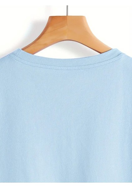 Kadın Çiçek ve Bisiklet Baskılı Bebe Mavisi T-Shirt Oversize Salaş