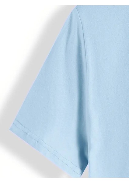 Kadın Çiçek ve Bisiklet Baskılı Bebe Mavisi T-Shirt Oversize Salaş