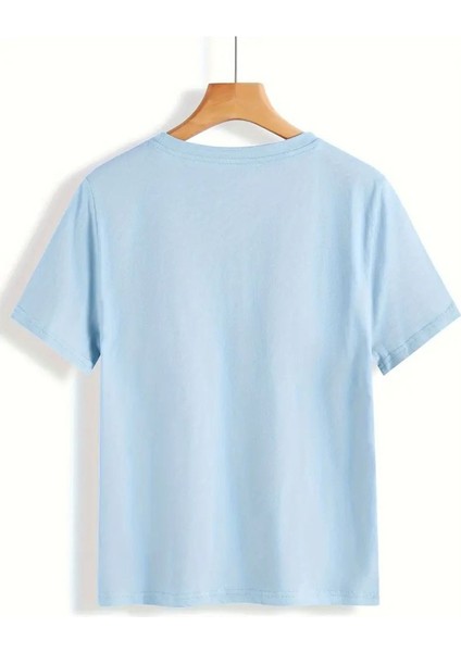 Kadın Çiçek ve Bisiklet Baskılı Bebe Mavisi T-Shirt Oversize Salaş