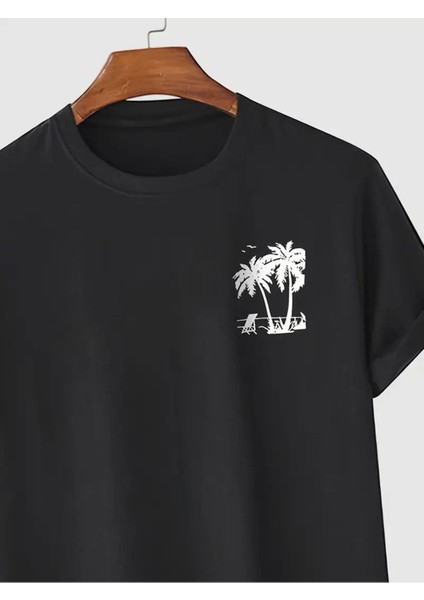 Erkek T-Shirt Palmiye Ağacı Baskılı Oversize Salaş