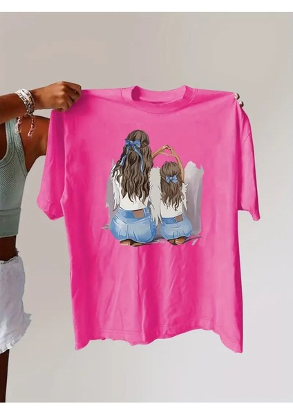 Kadın Anne Kız Tema Baskılı T-Shirt Oversize Salaş