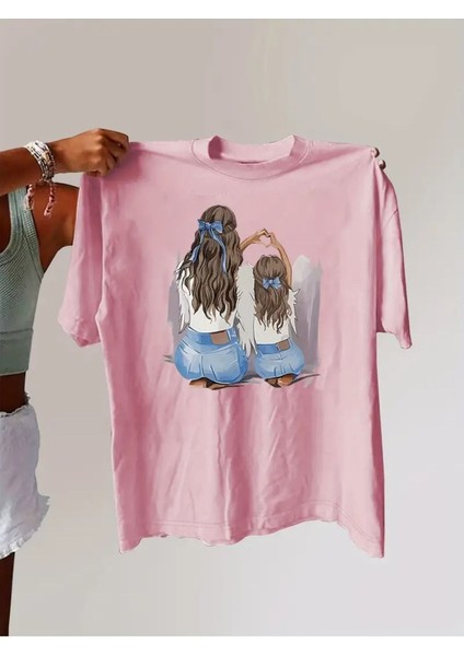 Kadın Anne Kız Tema Baskılı T-Shirt Oversize Salaş