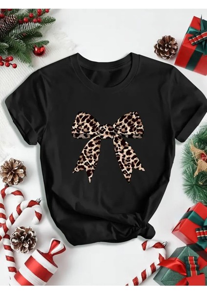 Kadın Fiyonk Leopar Baskılı Beyaz Siyah T-Shirt Oversize Salaş