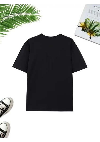 Kadın Fiyonk Leopar Baskılı Beyaz Siyah T-Shirt Oversize Salaş