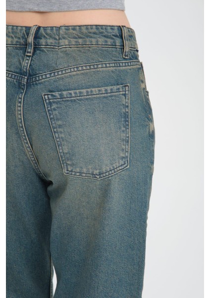 %100 Pamuk, Yüksek Bel Bol Kesim Geniş Paça Taşlanmış Wide Leg Kot Pantolon
