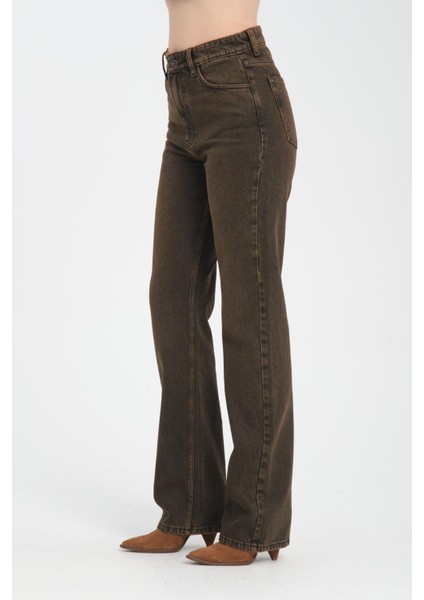 Yüksek Bel Fermuarlı Wideleg Fit %100 Pamuk Jean Pantolon