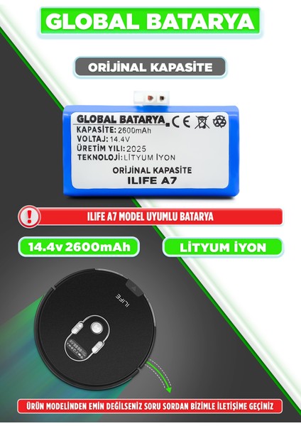 Ilıfe A7 Uyumlu Akıllı Robot Süpürge Bataryası 14.4V 2600MAH Li-Ion Pil (Orijinal Kapasite)