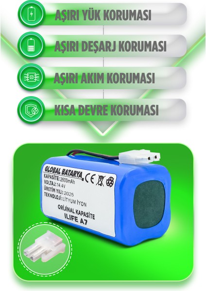 Ilıfe A7 Uyumlu Akıllı Robot Süpürge Bataryası 14.4V 2600MAH Li-Ion Pil (Orijinal Kapasite)