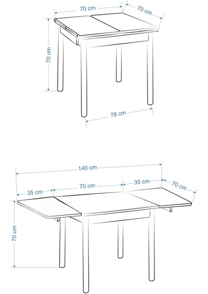 Avanos Ahşap Katlanır Kanatlı Mdf Mutfak MASASI - 70 x 70+70 (70 x 140) cm