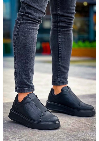 Siyah Siyah Yüksek Taban Tek Bant Bağcıksız Günlük Erkek Ayakkabısı fırsatları