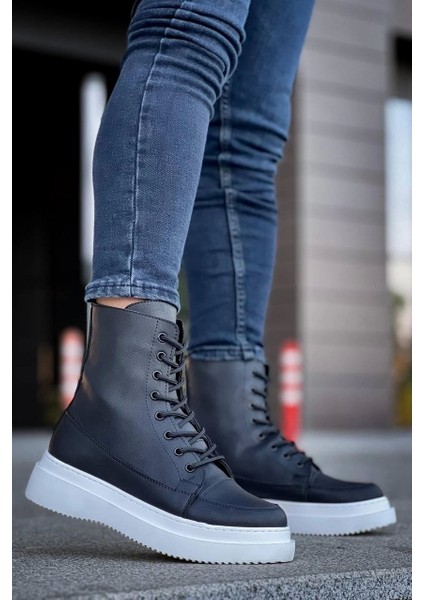 Siyah Cilt Yüksek Taban Bağcıklı Postal Bot