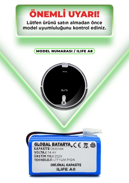 Ilıfe A8 Uyumlu Akıllı Robot Süpürge Bataryası 14.4V 2600MAH Li-Ion Pil (Orijinal Kapasite)