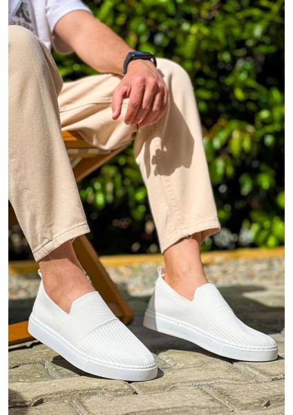 Beyaz Triko Yüksek Taban Bağcıksız Günlük Erkek Ayakkabısı