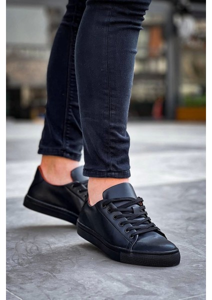 Siyah Cilt Siyah Yüksek Taban Bağcıklı Günlük Erkek Ayakkabısı