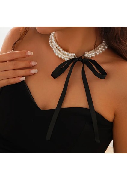 Kurdele Bağlamalı Fransız Tarzı Şık Kadın Inci Kolye