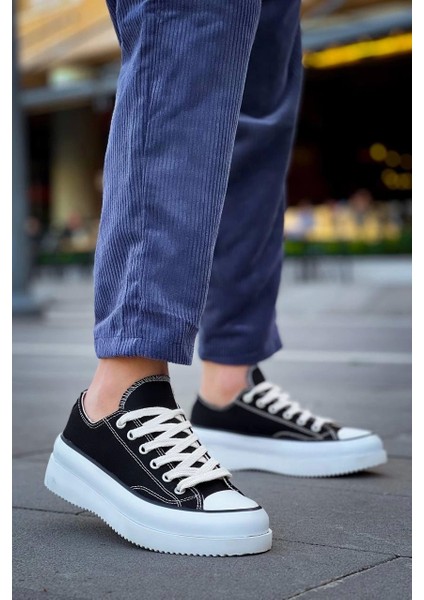 Kısa Siyah Keten Beyaz Yüksek Taban Spor Ayakkabısı