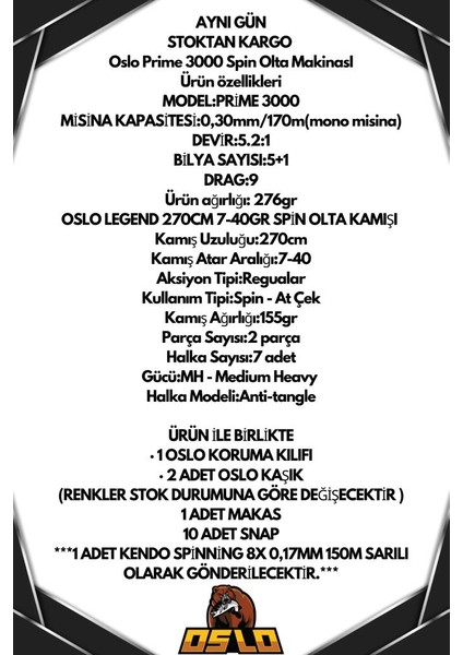Prime 3000 Oslo Legend 270CM 7-40GR 8 Örgü Spin Olta Seti