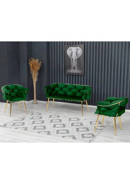 Balon Çay Seti Takımı Koltuk Takımı Oturma Odası Kafe Antre Hol Ofis 2+1+1 Gold Metal