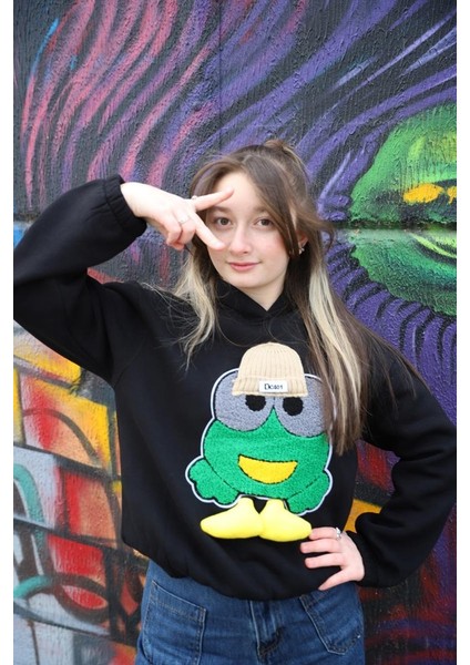 05-14 Yaş Kız Çocuk Siyah Renk Emoji Kapşonlu Sweat
