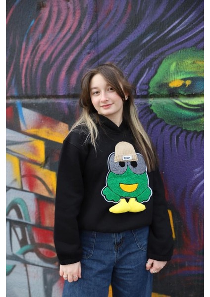 05-14 Yaş Kız Çocuk Siyah Renk Emoji Kapşonlu Sweat