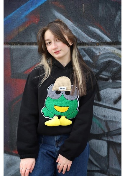 05-14 Yaş Kız Çocuk Siyah Renk Emoji Kapşonlu Sweat