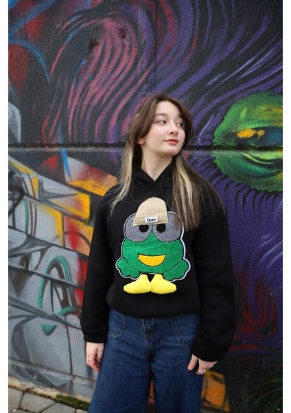 05-14 Yaş Kız Çocuk Siyah Renk Emoji Kapşonlu Sweat