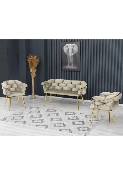 Balon Çay Seti Takımı Koltuk Takımı Oturma Odası Kafe Antre Hol Ofis 2+1+1 Gold Metal