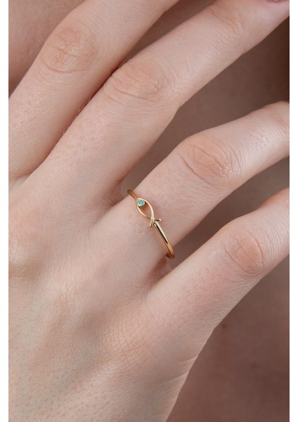 14 Ayar Altın Mini Firuze Taş Detaylı Balık Yüzük