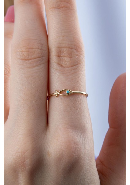 14 Ayar Altın Mini Firuze Taş Detaylı Balık Yüzük fiyatları