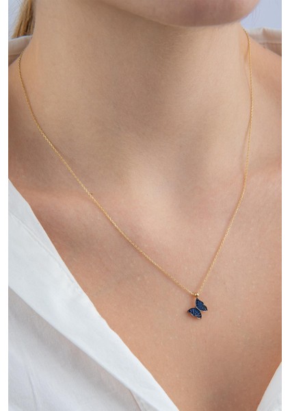 14 Ayar Altın Safir Taşlı Kelebek Kolye