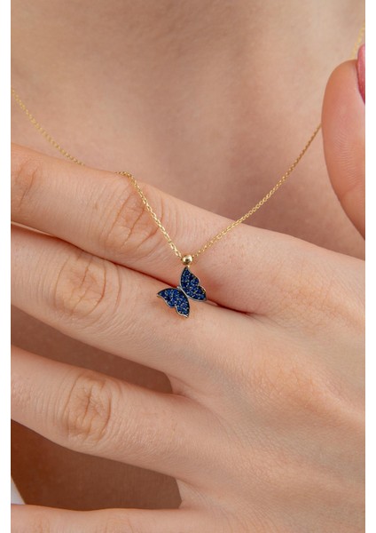 14 Ayar Altın Safir Taşlı Kelebek Kolye modelleri