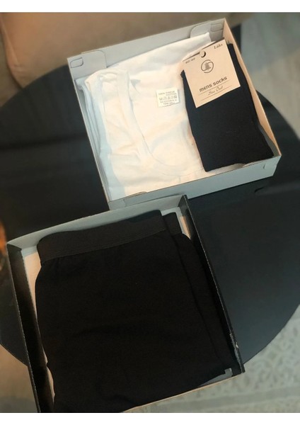 Ekonomik Paket Erkek Pamuk Atlet Boxer Çorap 3'lü Kutulu Takım Damat Çeyiz Seti Bohçası