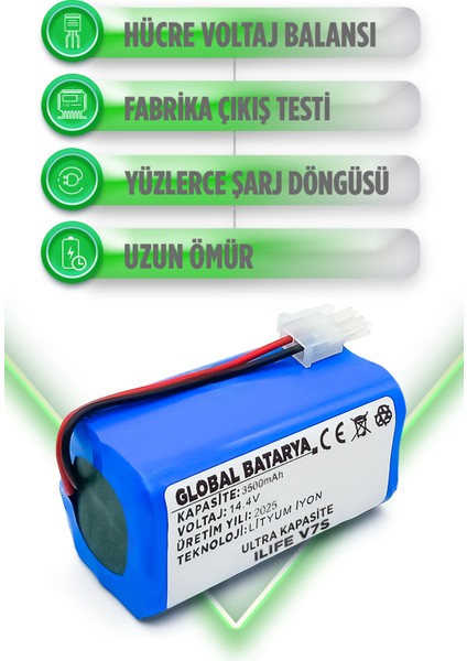 Ilıfe V7S Uyumlu Akıllı Robot Süpürge Bataryası 14.4V 3500MAH Li-Ion Pil (Ultra Kapasite)