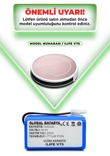 Ilıfe V7S Uyumlu Akıllı Robot Süpürge Bataryası 14.4V 3500MAH Li-Ion Pil (Ultra Kapasite)