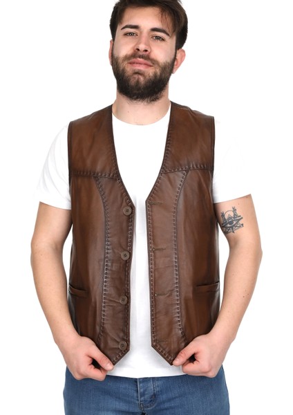 %100 Hakiki Kuzu Derisi Karartmalı Taba Erkek Yelek