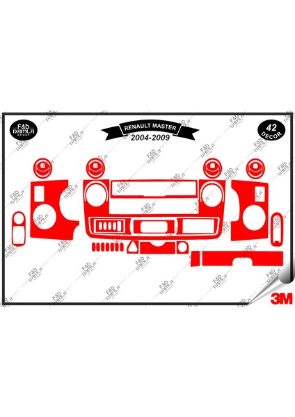 Renault Master 2 (2004-2009)TORPIDO Konsol Trim Göğüs Maun Kaplama Set 42 Parça Kırmızı Renk
