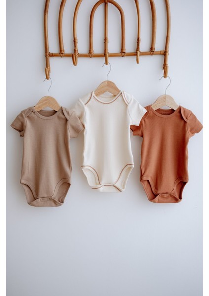 3lü Pamuklu Kaşkorse Kısa Kollu Body Set Taş/ekru/kiremit