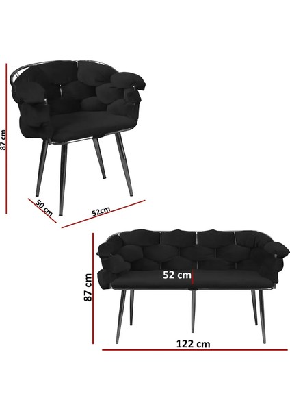 Balon Çay Seti Takımı Koltuk Takımı Oturma Odası Kafe Antre Hol Ofis 2+1+1 Siyah Metal