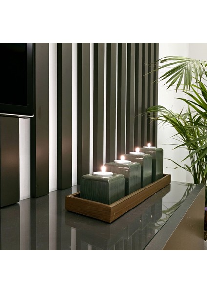 4 Lü Dekoratif Ahşap Mumluk Şamdan Özel Boyalı