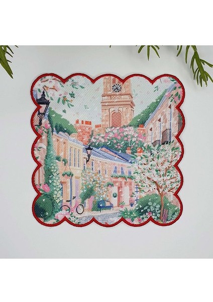 Sulu Boya Çiçekli Sokak Tasarımlı Etrafı Nakışlı Kokteyl Peçetesi 1 Adet